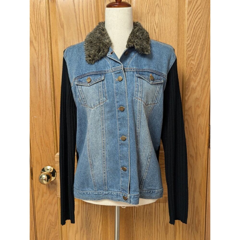 Vintage Northcrest Jean Jacket Women's XL Y2K Fur Collar Black Knit Sleeves